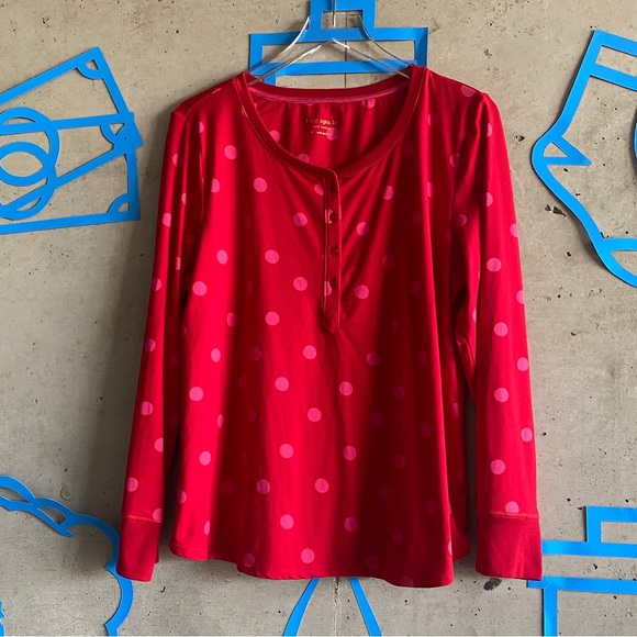 Kate Spade Long Sleeve Polka Dot Hot Pink Red Henley Pajama Set - Picture 3 of 11